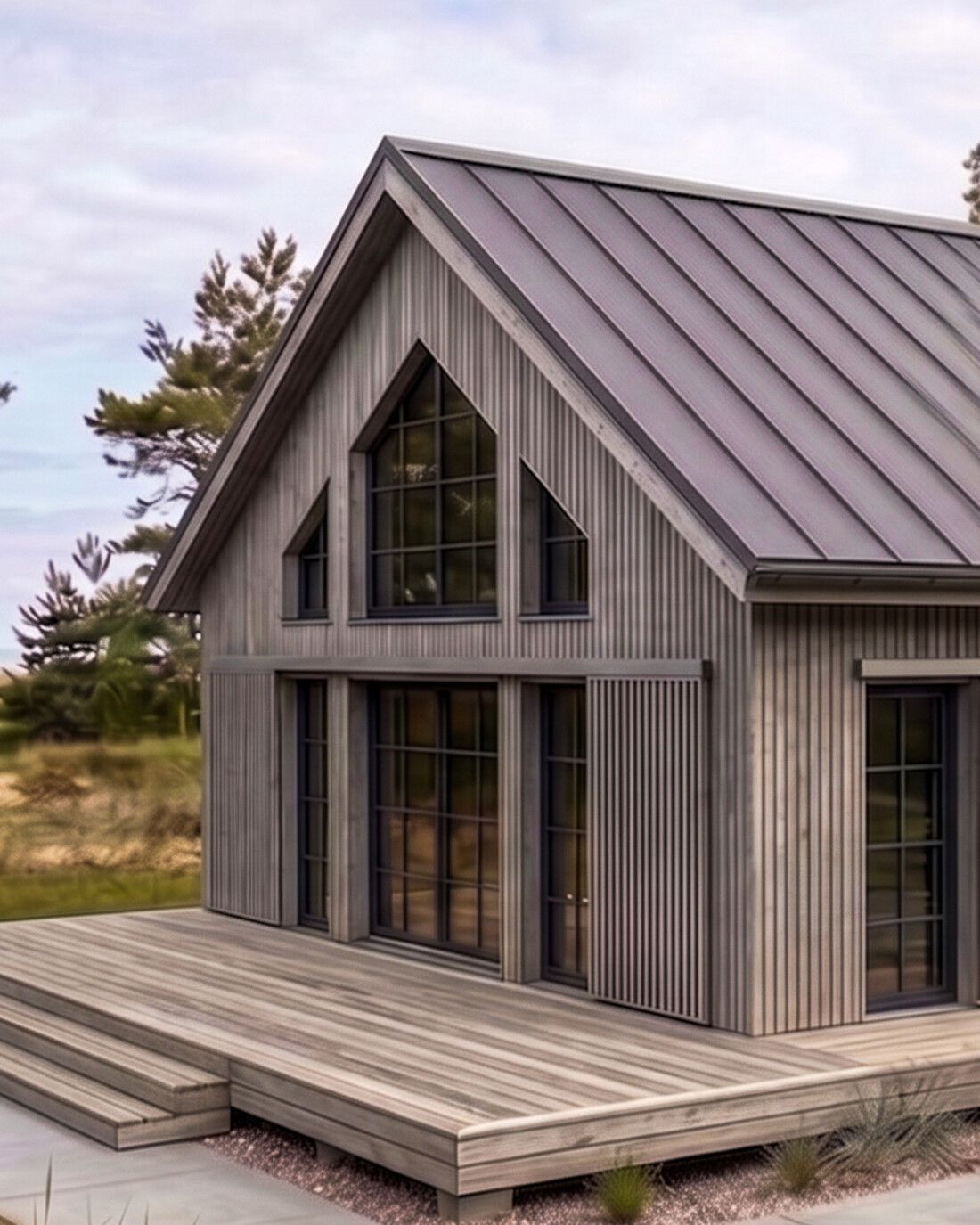 Minimalistyczna bryła rezydencji na tle wydm i lasu sosnowego